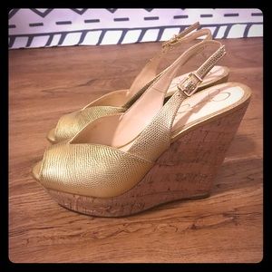 Jessica Simpson Gold platform peeptoe wedges